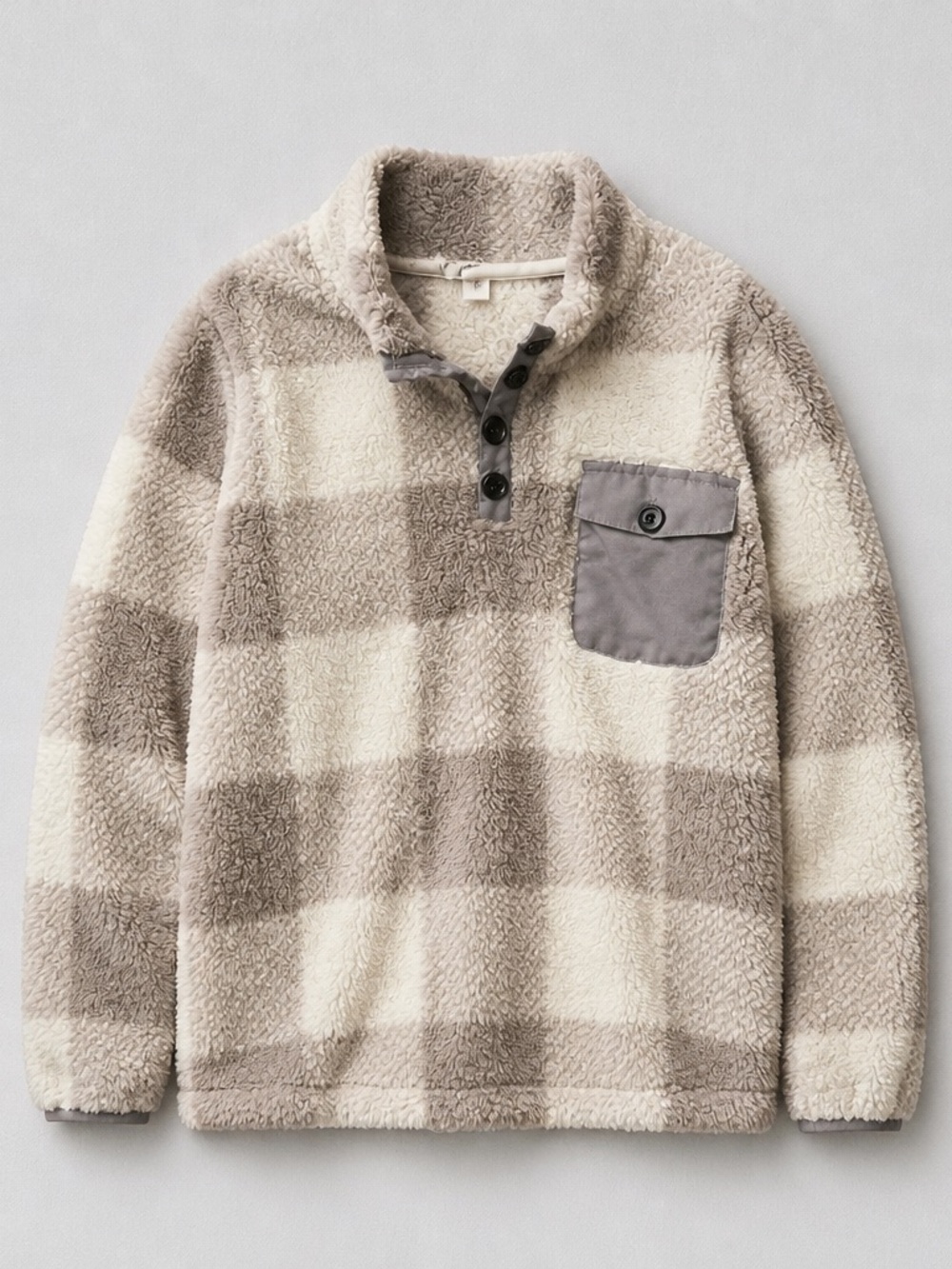 Chicyea Cozy Sherpa Pullover in Cream & Taupe Plaid XL